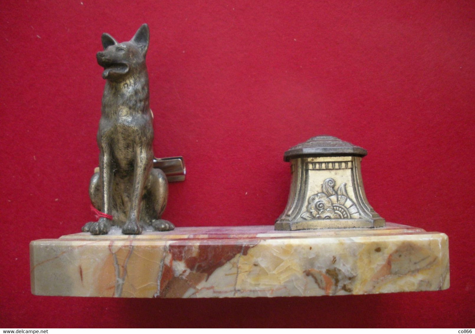 Magnifique Encrier Art Déco Berger Allemand Ou Malinois En Régule Sur Socle Marbre Encrier Avec Son Réservoir - Encriers