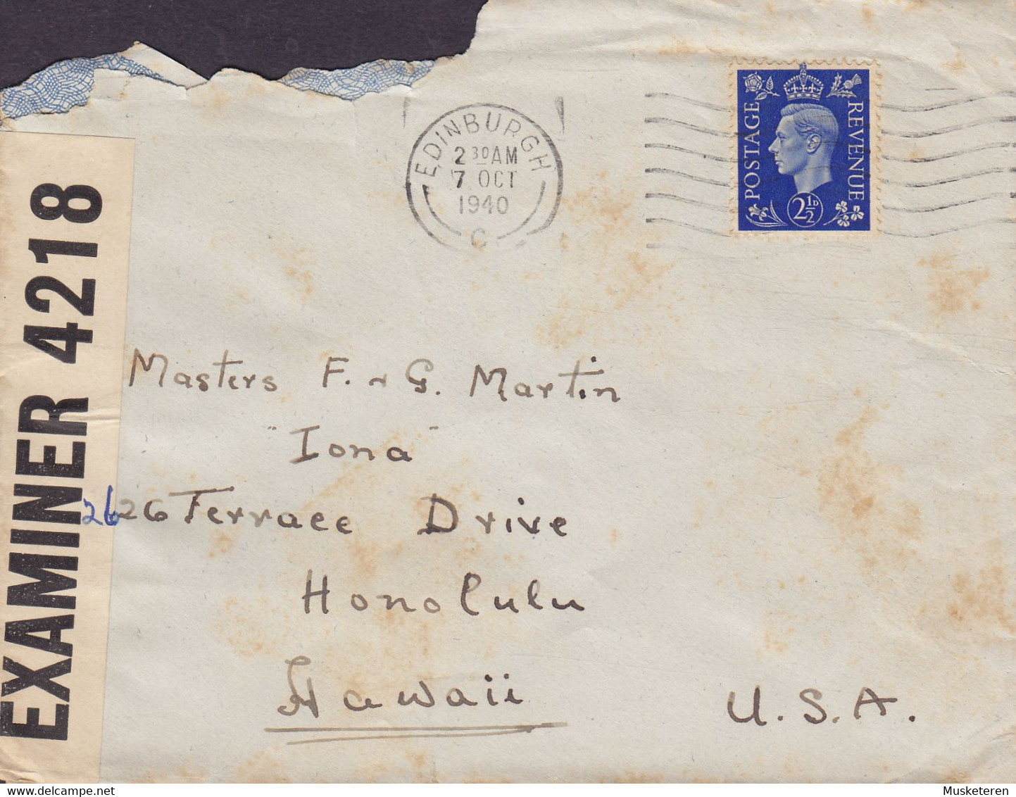 Great Britain EDINBURGH 1940 Cover Brief HONOLULU Hawaii Zensur Censor P.C. 90 OPENED BY EXAMINER '4218' Label GVI. - Hawaii