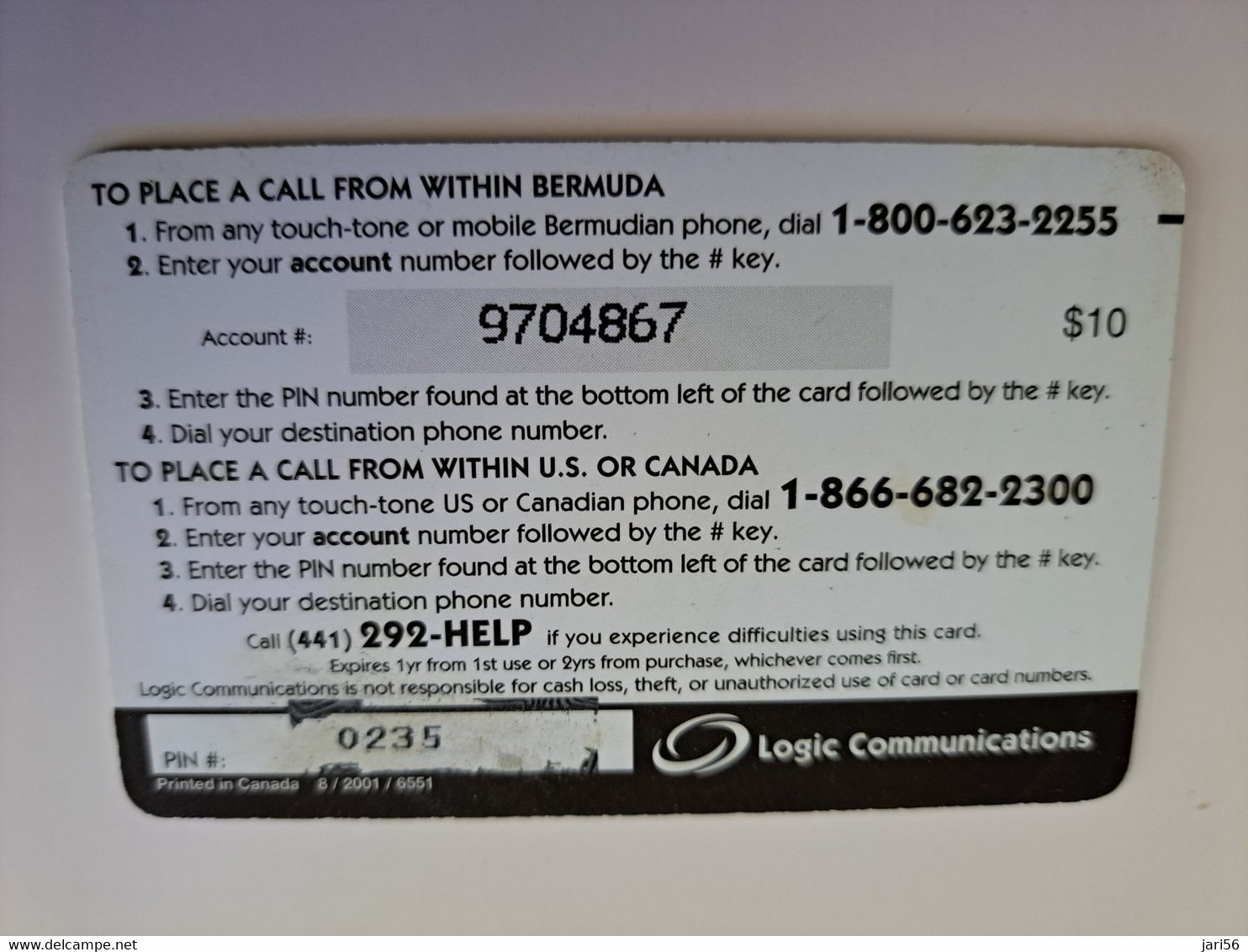 BERMUDA  $ 10,- LOGIC    / THICK CARD / BLACK STAR COMM    PREPAID CARD  Fine USED  **11278** - Bermudas