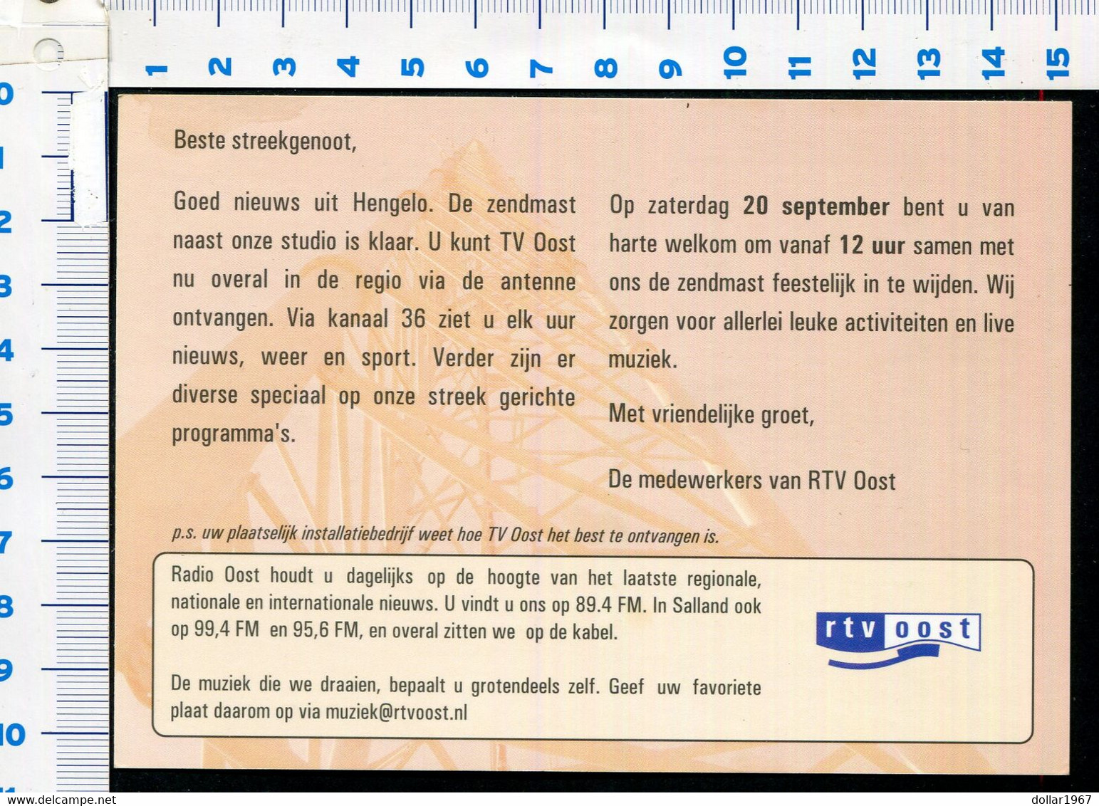 R T V Oost Zendmast , Hazenweg 25, 7556 BM Hengelo (o) .  - NOT  Used - 2 Scans For Condition.(Originalscan !!) - Hengelo (Ov)