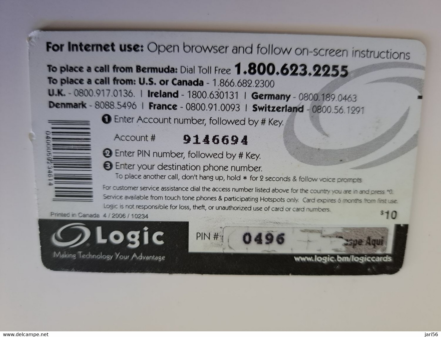 BERMUDA  $ 10,-  LOGIC/  GOMBEYS  IN BERMUDA / DATE 4/2006 /   PREPAID CARD  Fine USED  **11295** - Bermuda