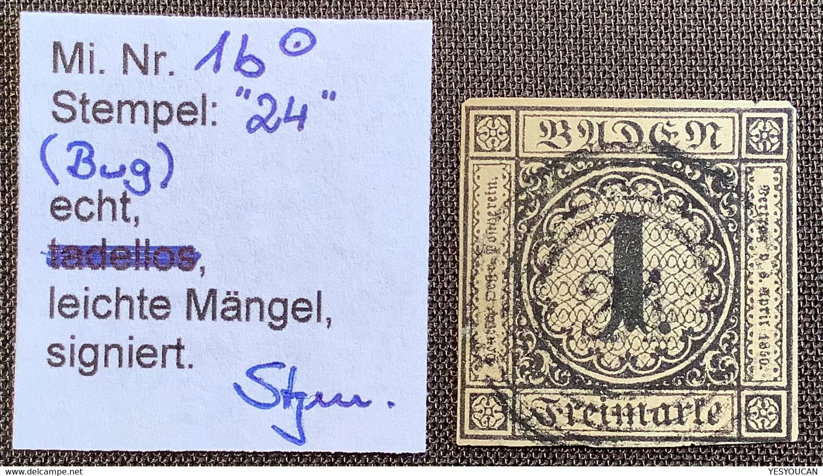 Mi 1b Geprüft Stegmüller BPP,  Baden 1851 1 Kr Braun = 2. Auflage Gestempelt 24 Carlsruhe (Karlsruhe Bade Signé - Gebraucht