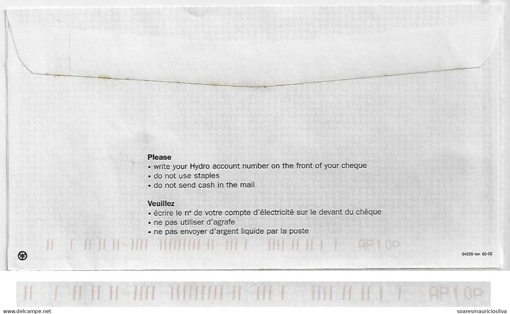 Canada 2001 Hydro One Commercial Cover Sent From North Bay Stamp Flag Electronic Sorting Marks On Front And Back - Brieven En Documenten