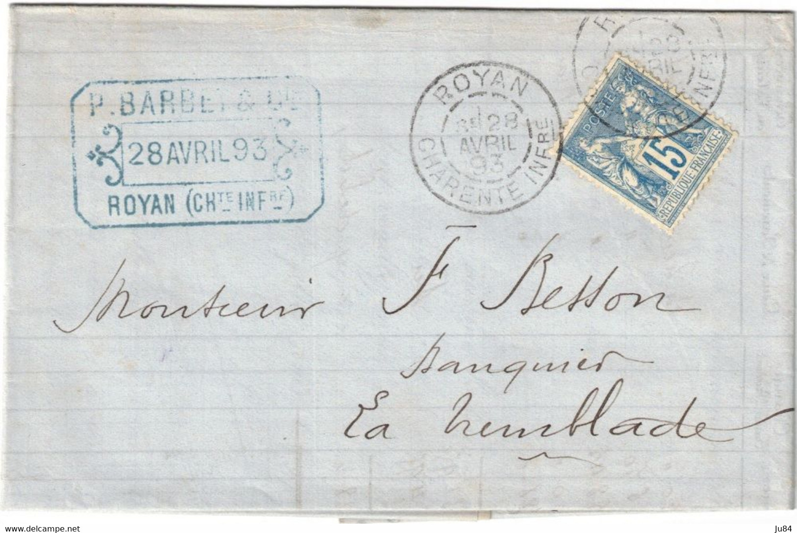 Charente Inférieure - Royan - Lettre Entête Facture Pour La Tremblade - 28 Avril 1893 - 1877-1920: Semi Modern Period