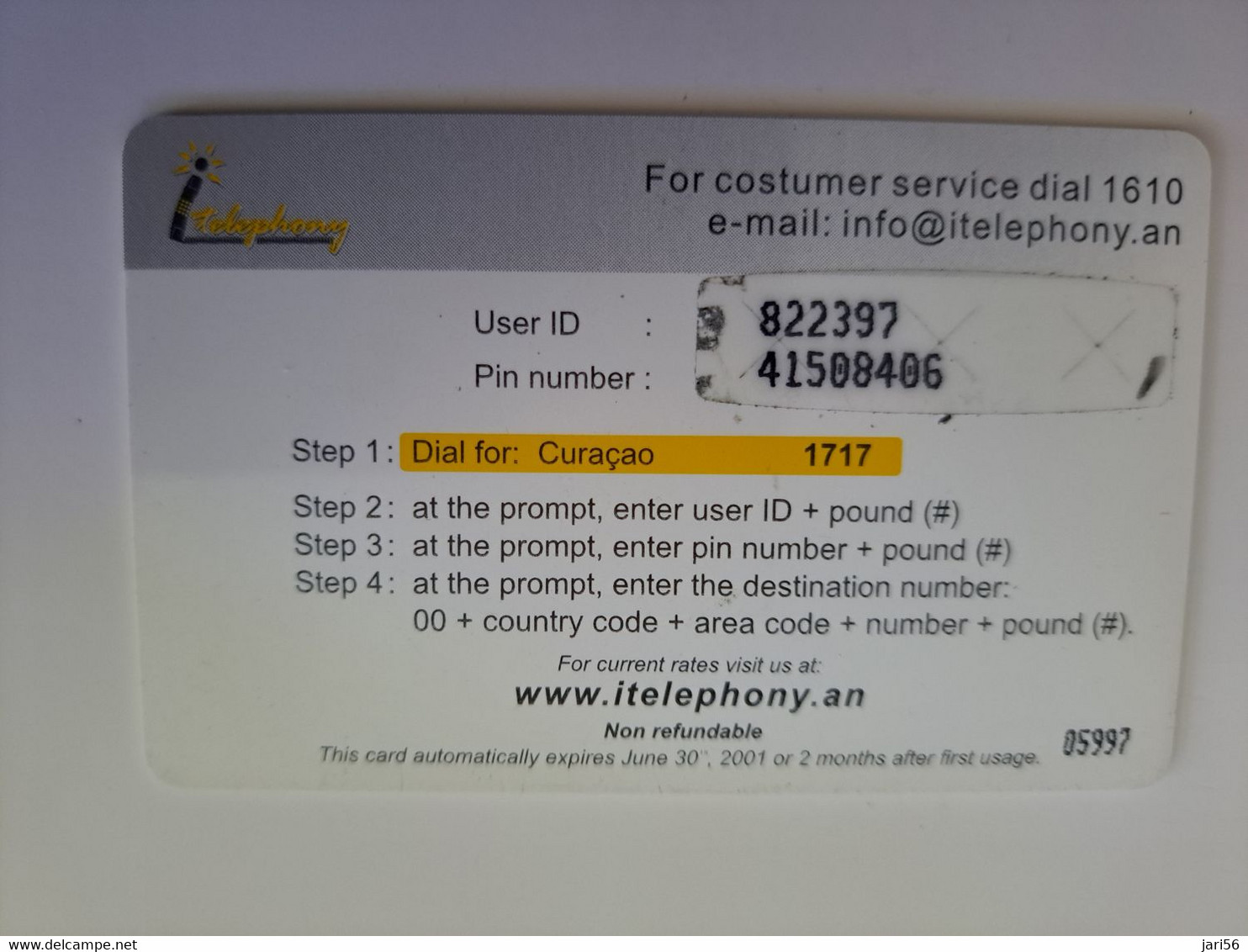 CURACAO NAF 25,- PREPAID I-TELEPHONY THICK CARD  FINE  USED      ** 11333** - Antillas (Nerlandesas)