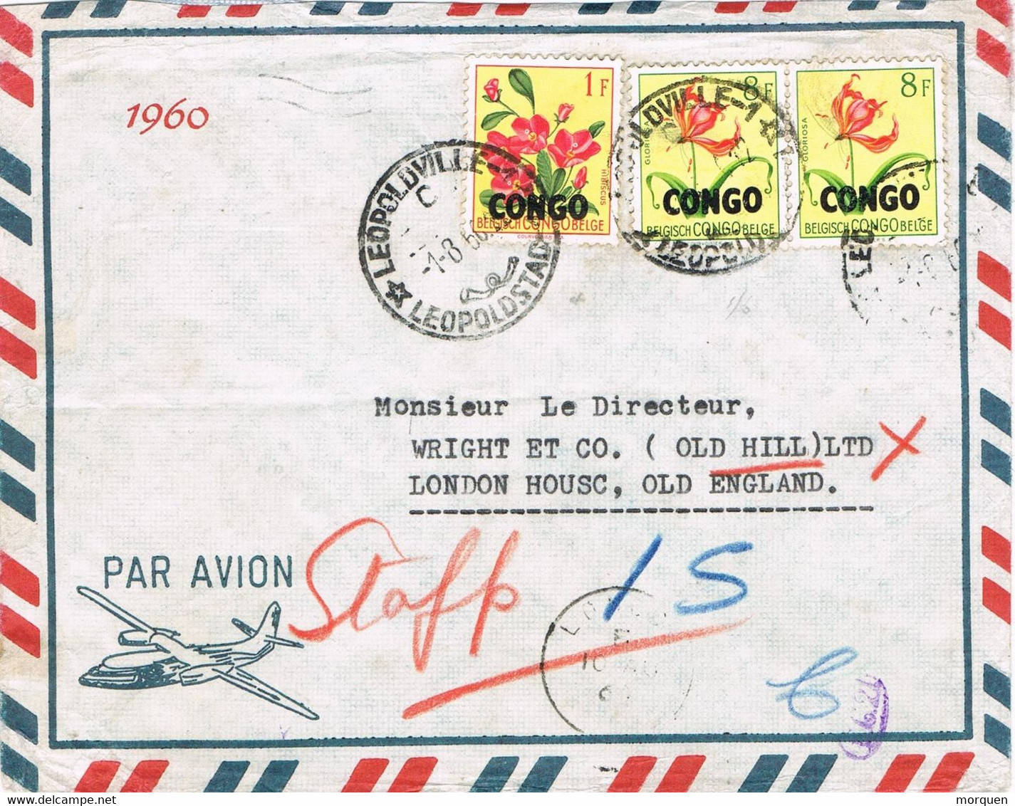 46965. Carta Aerea LEOPOLDVILLE (Rep. Congo) 1960. Sello Congo Belga Sobrecargado - Brieven En Documenten