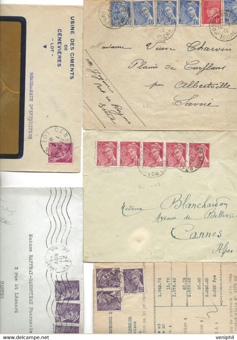 TYPE MERCURE -LOT DE 9 LETTRES ENTIERES  -AFFRANCHISSEMENTS MULTIPLES -1940-1944 - 1921-1960: Période Moderne