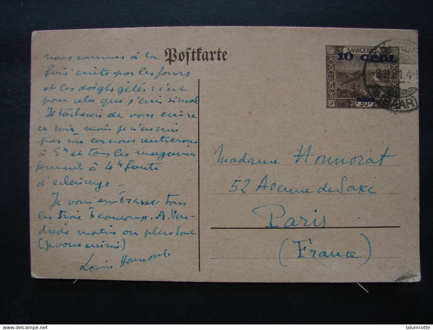 EP. 16. Herrensohr Sarrbruchen. Saargebiet 30 Cent Barré Pour 10 Cent 1921 Vers Paris - Entiers Postaux