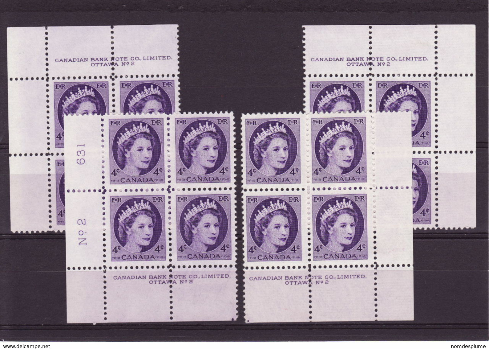 7859) Canada QE II Wilding Block  Mint Light Hinge Plate 2 - Num. Planches & Inscriptions Marge