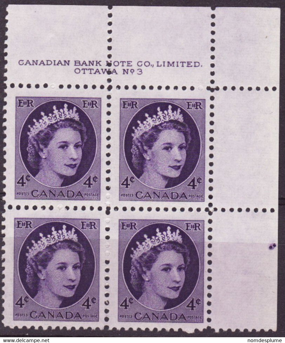 7860) Canada QE II Wilding Block   Mint No Hinge Plate 3 - Num. Planches & Inscriptions Marge