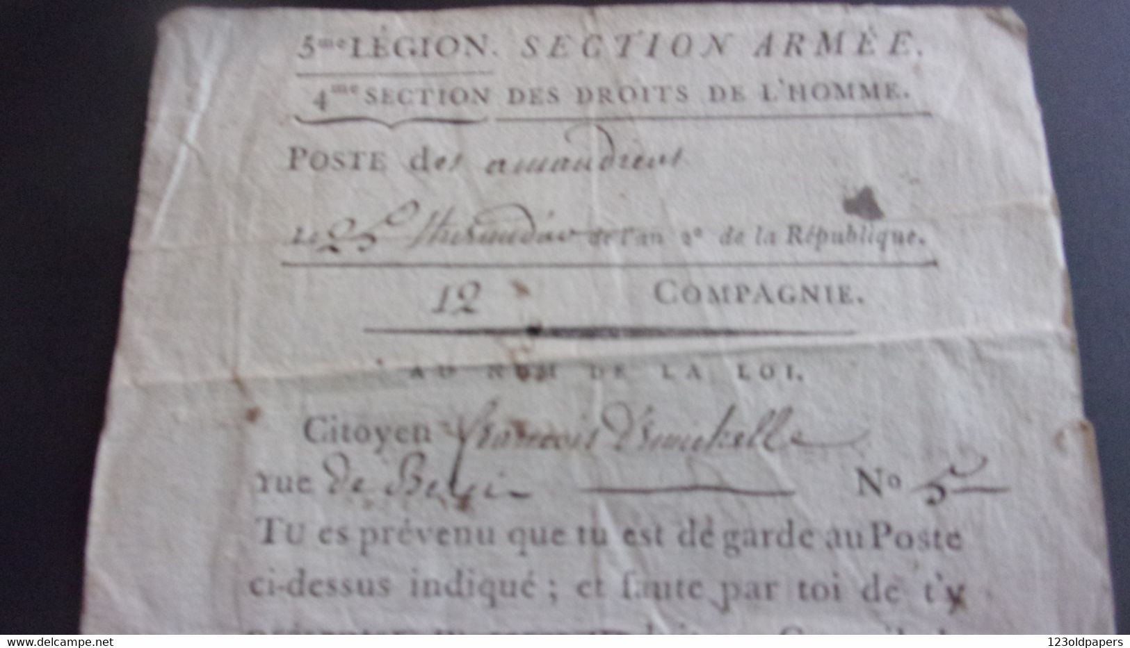 MILITAIRE / 25 THERMIDOR AN II SECTION ARMEE RARE CONVOCATION DE GARDE POSTE 5 EME LEGION 4EM SECTION DROITS HOMME - Historische Dokumente