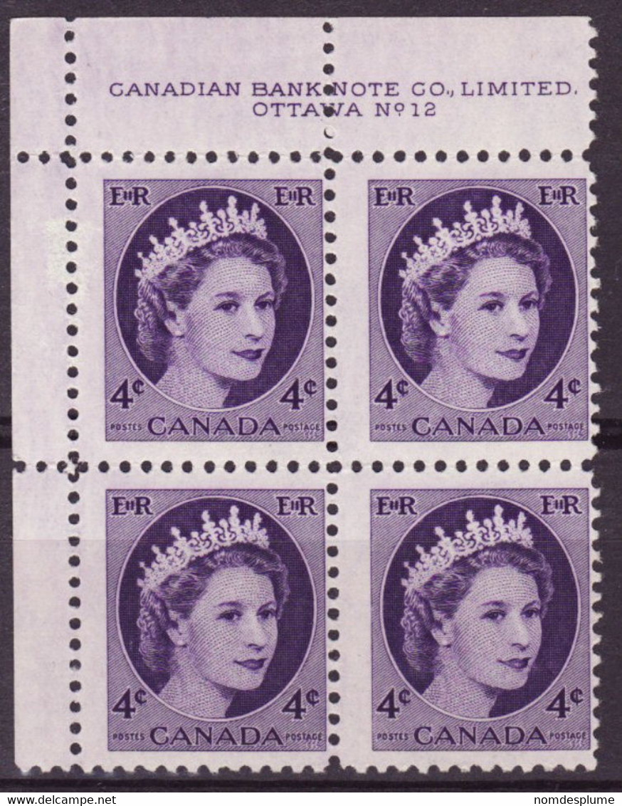 7870) Canada QE II Wilding Block   Mint No Hinge Plate 12n - Plattennummern & Inschriften