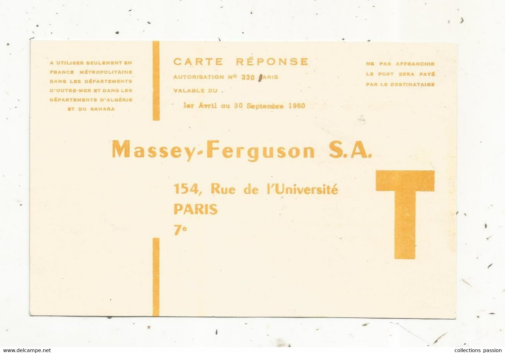 Cp , Carte Réponse ,publicité , MASSEY FERGUSON ,Automotrice 830, Vierge , 2 Scans - Publicité