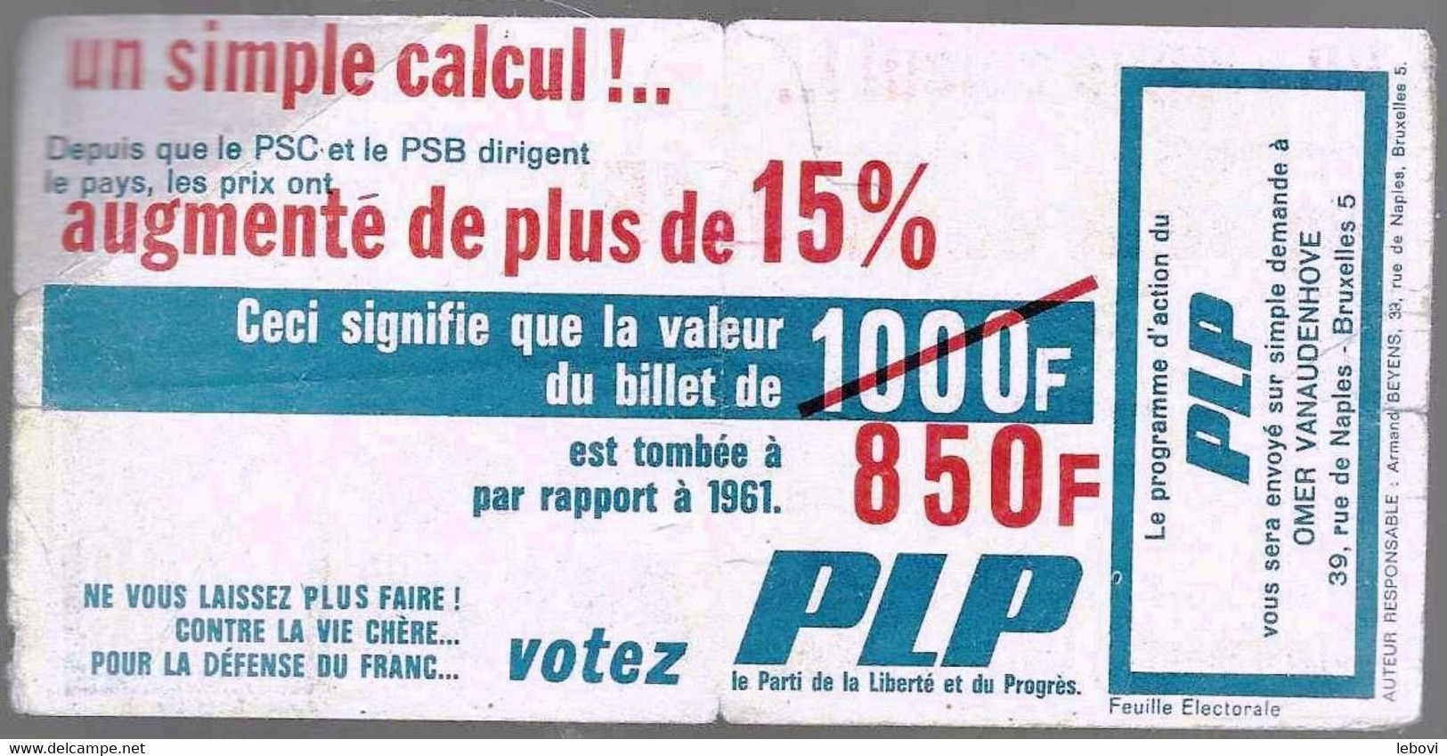 BELGIQUE  Billet De 1000 FR « Théo Lefèvre » - Billet De Propagande électorale » - [ 8] Specimen