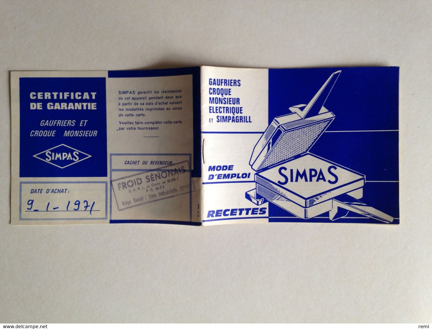 MODE D'EMPLOI RECETTES 1971 Gaufriers SIMPAS Tampon Garantie FROID SENONAIS à SENS 89100 - Material Und Zubehör