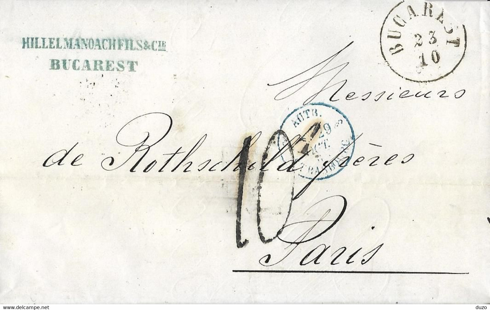 1868 - Roumanie - LAC Cachet Commercial Hillelmanoach Fils & Cie - Ent Aut 3 Strasbourg  >>> Rothschild Paris -(3 Scans) - ...-1858 Prephilately