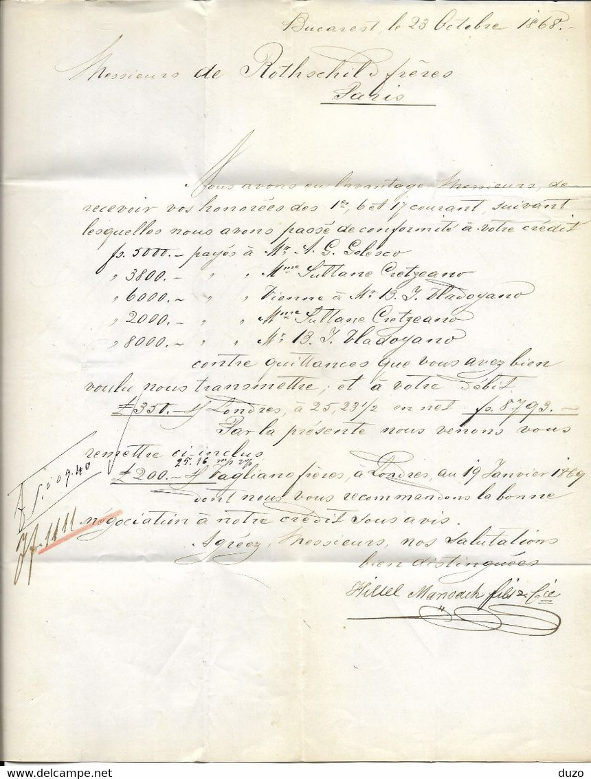 1868 - Roumanie - LAC Cachet Commercial Hillelmanoach Fils & Cie - Ent Aut 3 Strasbourg  >>> Rothschild Paris -(3 Scans) - ...-1858 Préphilatélie