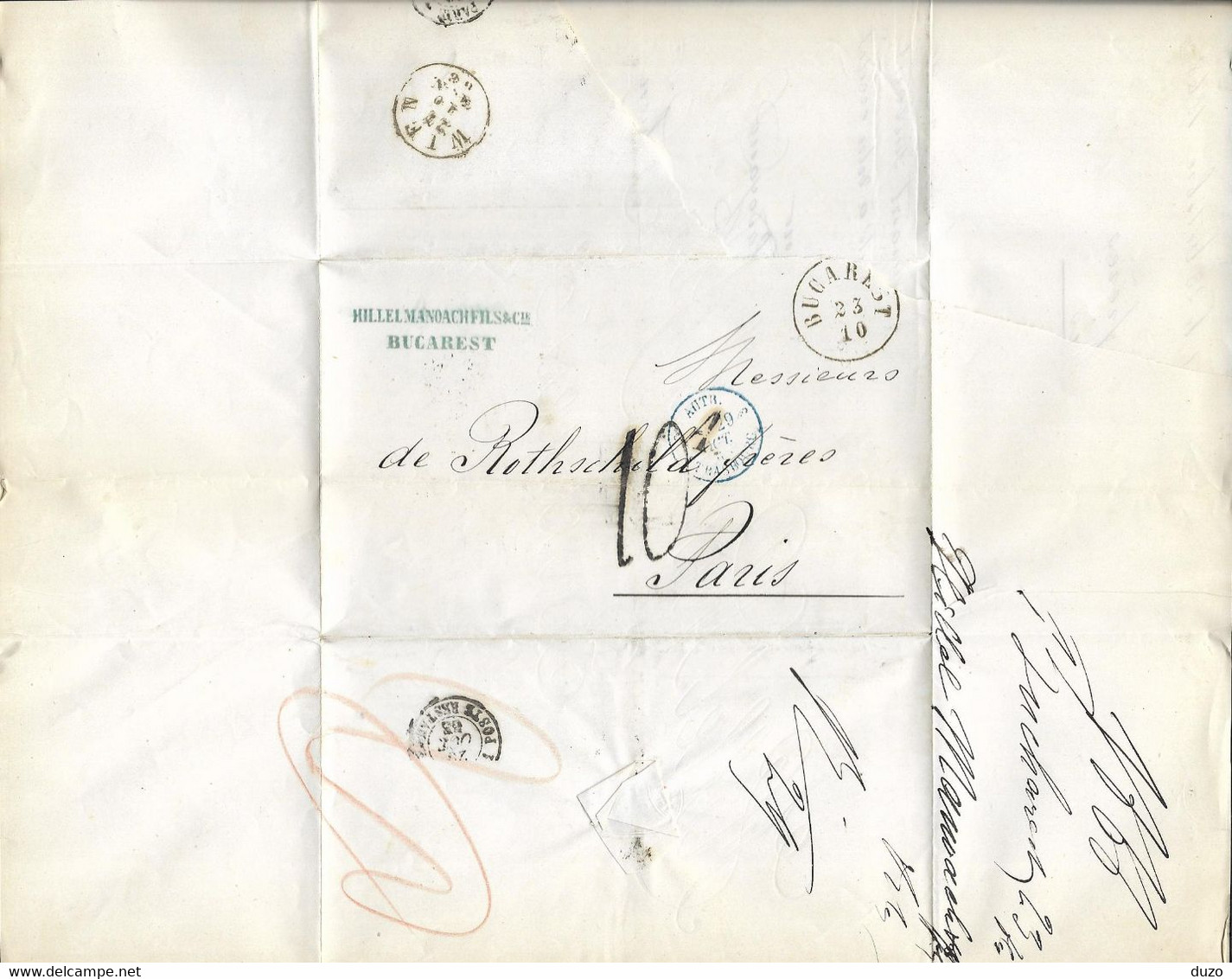 1868 - Roumanie - LAC Cachet Commercial Hillelmanoach Fils & Cie - Ent Aut 3 Strasbourg  >>> Rothschild Paris -(3 Scans) - ...-1858 Préphilatélie