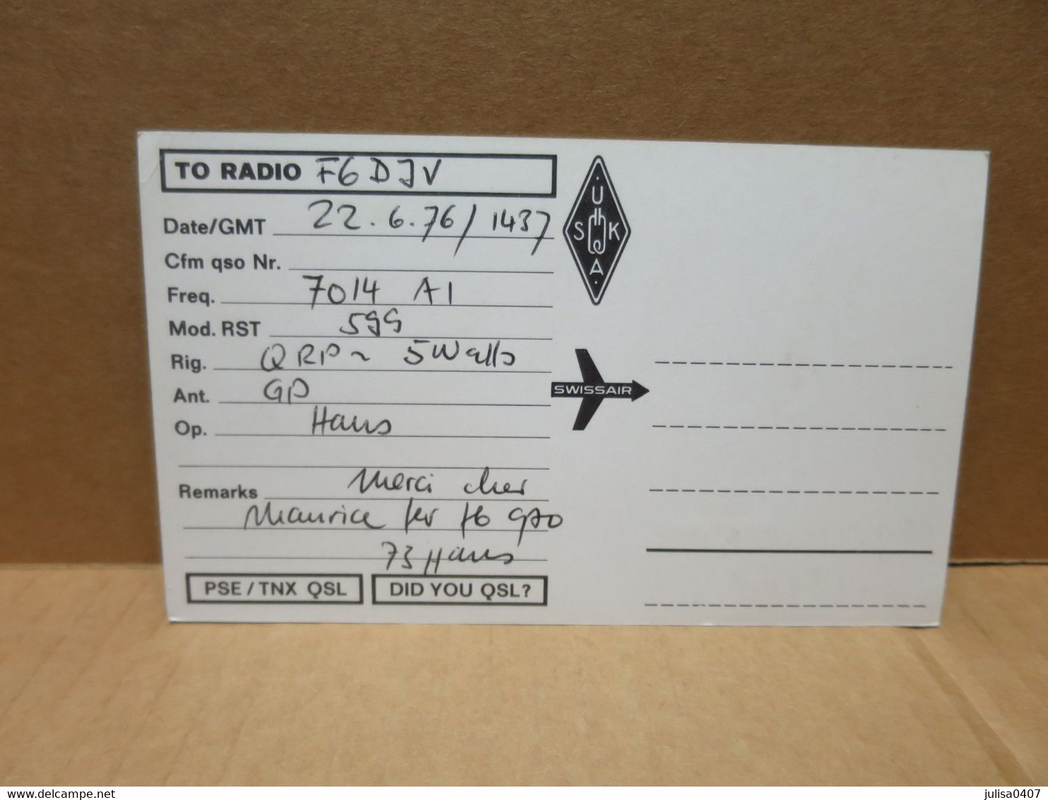 KLOTEN (Suisse) Carte Radio Amateur SWISSAIR - Kloten