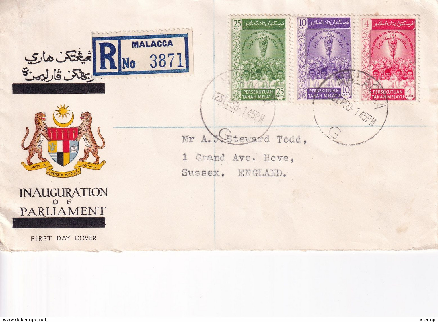 MALAYSIA MALACC 1959 INAUGURATION OF PARLIAMENT REGD FDC COVER TO ENGLAND. - Malacca