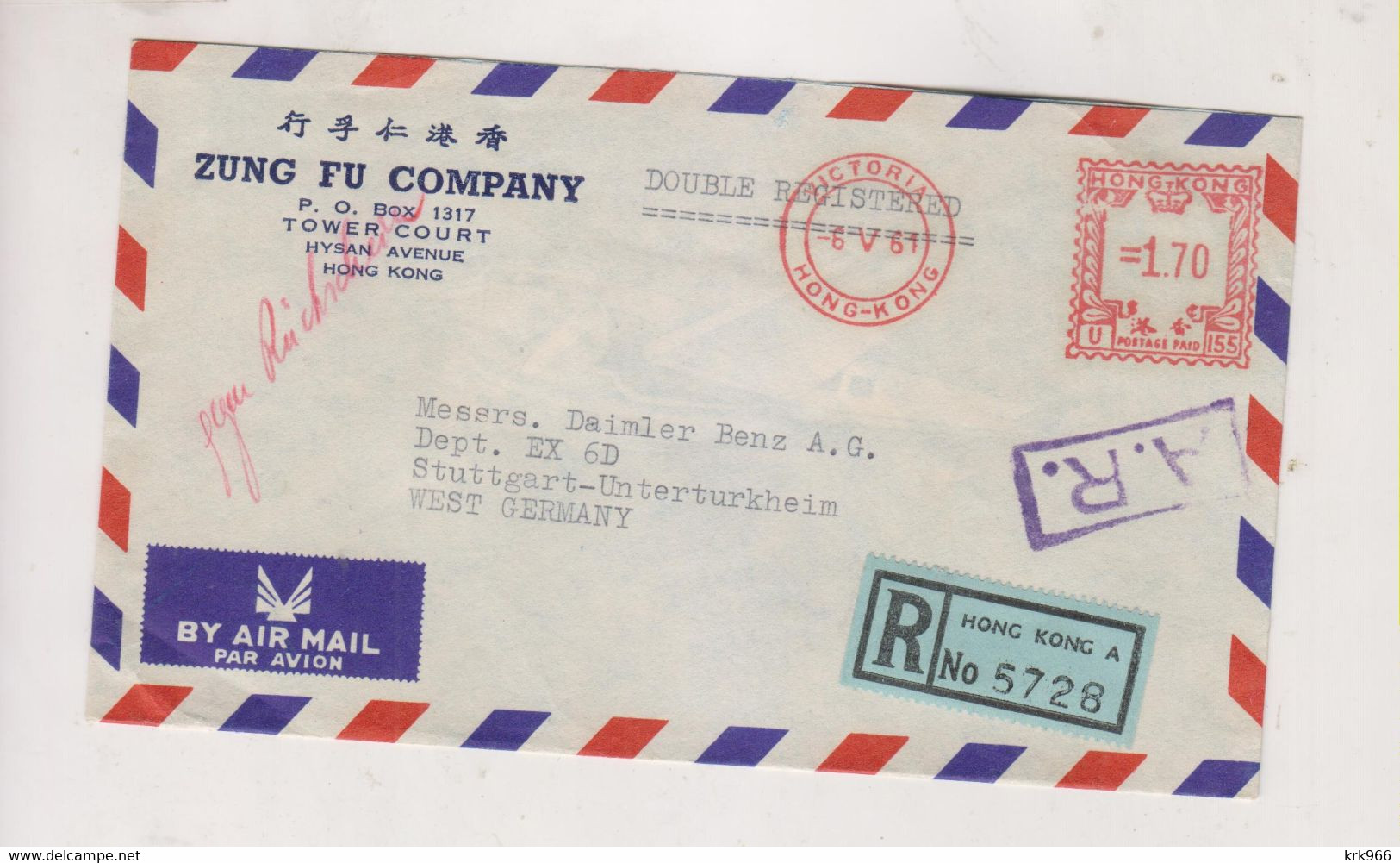 HONG KONG 1961  Airmail  Registered Cover To Germany Meter Stamp - Briefe U. Dokumente