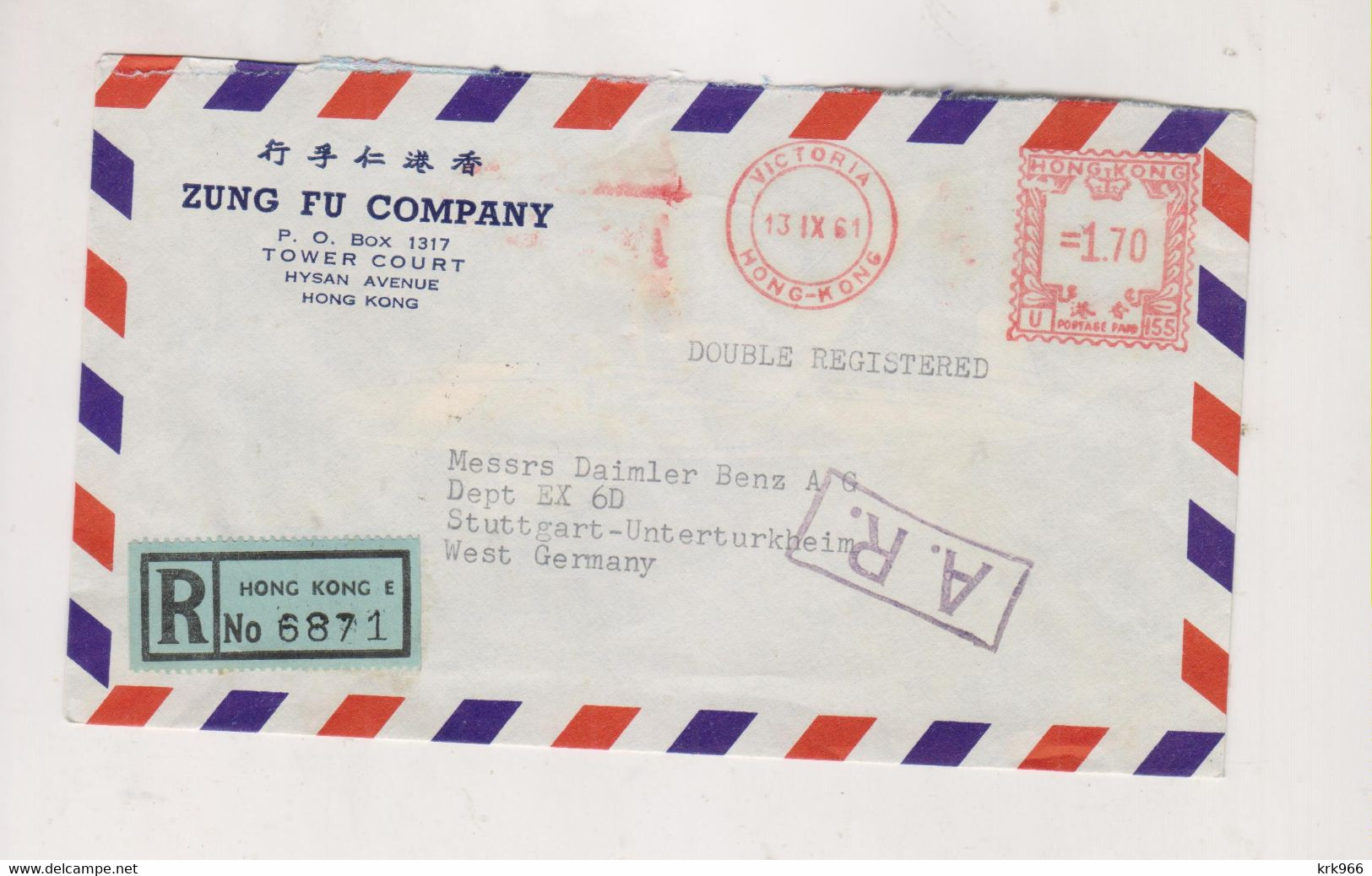 HONG KONG 1961  Airmail  Registered Cover To Germany Meter Stamp - Cartas & Documentos