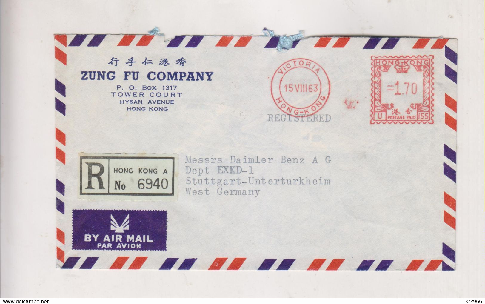 HONG KONG 1963  Airmail  Registered Cover To Germany Meter Stamp - Briefe U. Dokumente