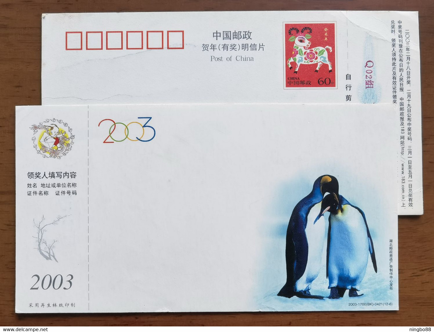 China 2003 New Year Greeting Pre-stamped Card Antarctic Penguin 1 - Faune Antarctique