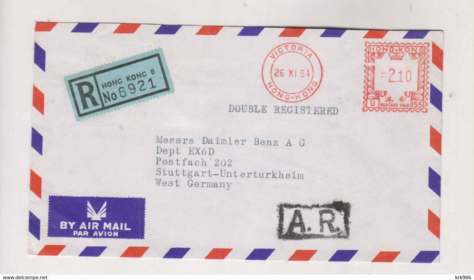 HONG KONG 1964  Airmail  Registered Cover To Germany Meter Stamp - Brieven En Documenten