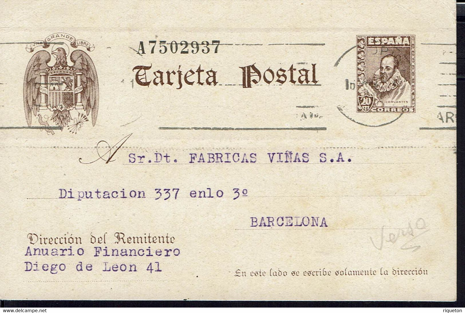 Espagne. Carte Entier Postal 20 Cent De Barcelone Du 16 Janvier 1941. Correspondance En Ville. Timbre Fiscal Au Verso. - 1931-....