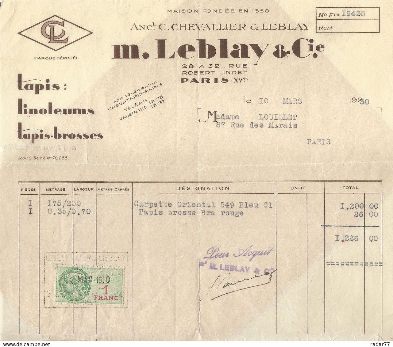 Facture Leblay Et Cie - Paris - 1930 - Timbre Fiscal 1F - Droguerie & Parfumerie
