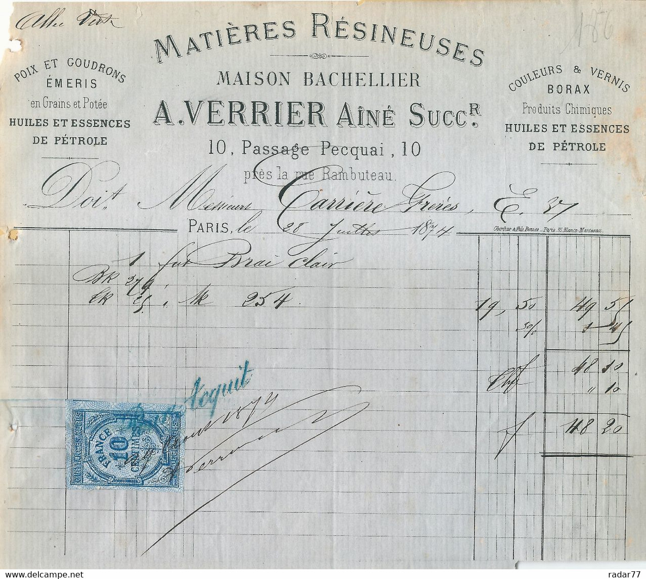 Facture Maison Bachellier A.VerrierAiné - Paris - 1874 - Timbre Quittances, Reçus Et Décharges 10c - Droguerie & Parfumerie