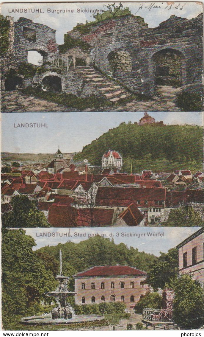 Postkarte  Landstuhl   (Allemagne)   Trois Vues Burgruine  Panorama  Stad Park    1919 - Landstuhl