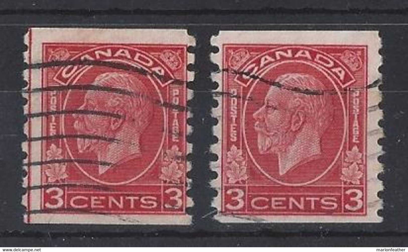 CANADA...KING GEORGE V..(1910-36.)...TWO COIL STAMPS ,ONE SHOWING RED LINE ON LEFT....USED... - Coil Stamps