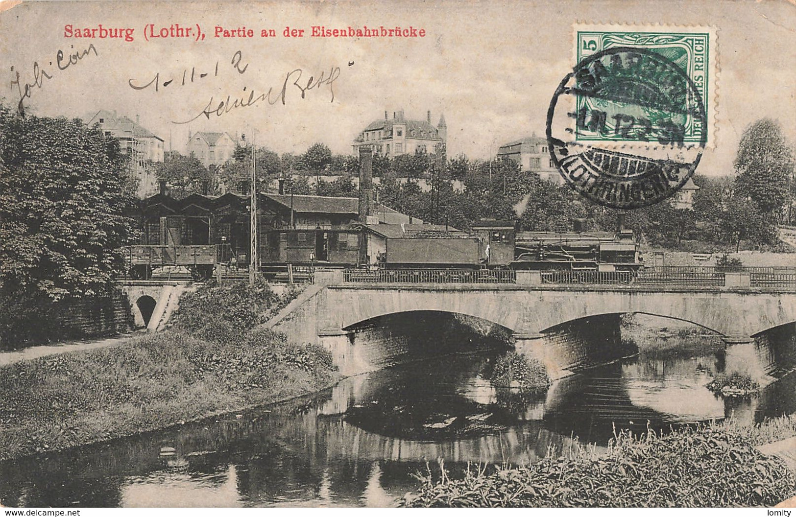 57 Sarrebourg Saarburg CPA Partie An Der Eisenbahnbrucke Timbre Reich Cachet 1912 Pont Avec Train Locomotive Vapeur - Sarrebourg