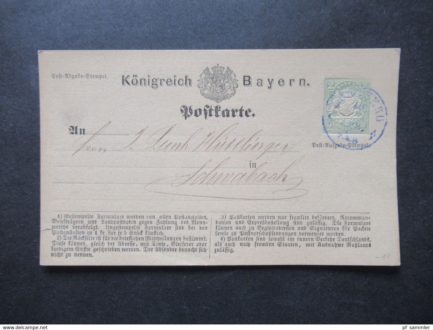 AD Bayern 10.4.1873 Ganzsache Nach Schwabach Gesendet - Interi Postali