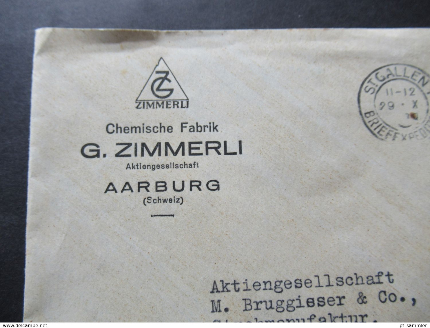 Um 1930 Firmenumschlag Chemische Fabrik G. Zimmerli Aarburg Marke Teils Umgeklappt Und Auf Der Gummiseite Gestempelt! - Cartas & Documentos