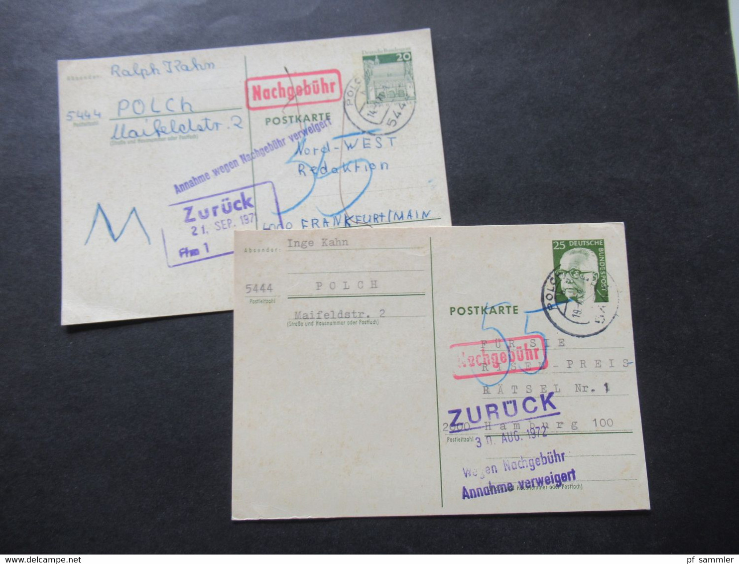 BRD 1971 / 72 Ganzsachen Stempel Polch Und Roter Ra1 Nachgebühr 2 Verschiedene Stp. Annahme Wegen Nachgebühr Verweigert - Postkarten - Gebraucht