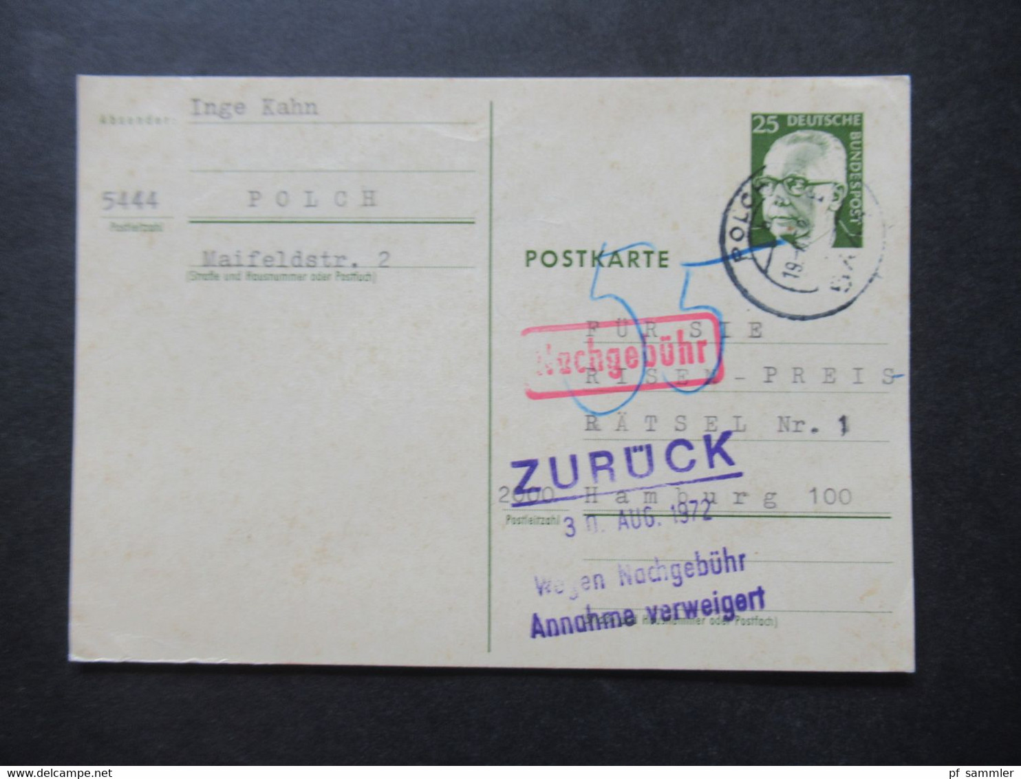 BRD 1971 / 72 Ganzsachen Stempel Polch Und Roter Ra1 Nachgebühr 2 Verschiedene Stp. Annahme Wegen Nachgebühr Verweigert - Cartes Postales - Oblitérées