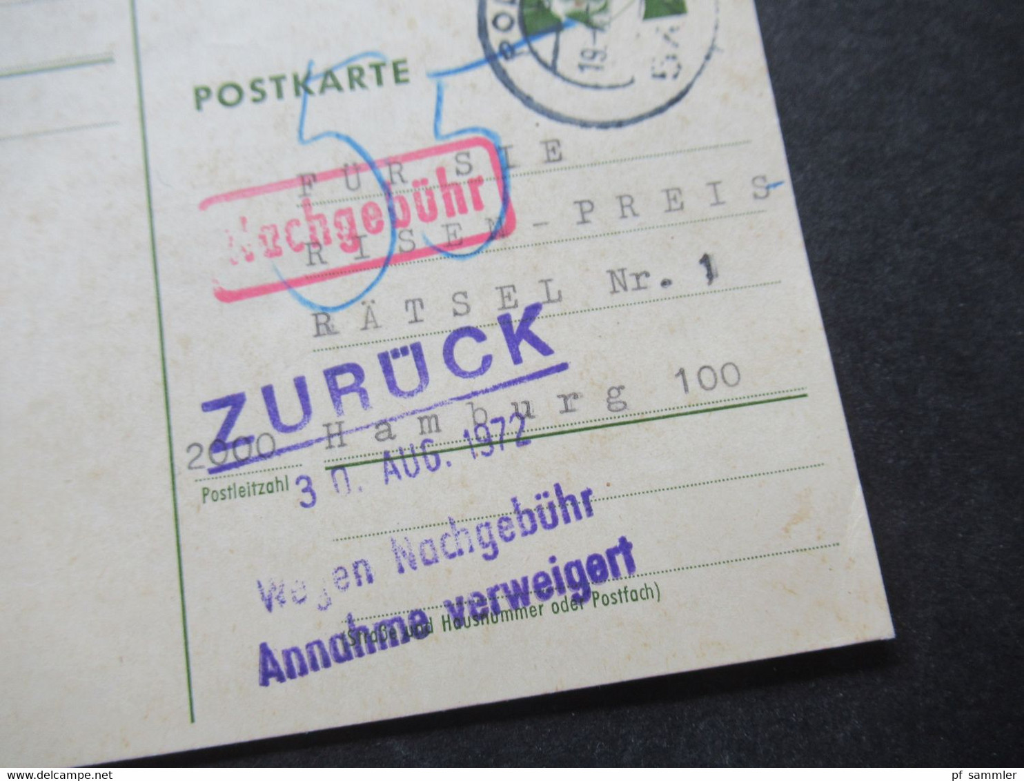 BRD 1971 / 72 Ganzsachen Stempel Polch Und Roter Ra1 Nachgebühr 2 Verschiedene Stp. Annahme Wegen Nachgebühr Verweigert - Postales - Usados
