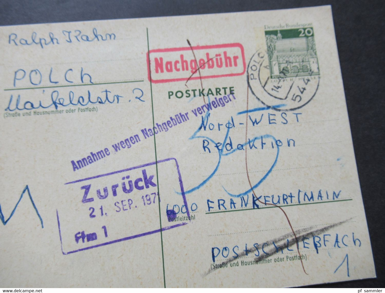 BRD 1971 / 72 Ganzsachen Stempel Polch und roter Ra1 Nachgebühr 2 verschiedene Stp. Annahme wegen Nachgebühr verweigert