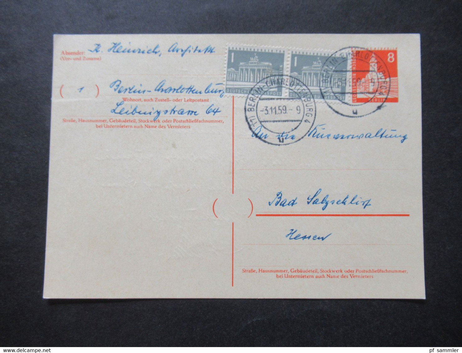 Berlin 3.11.1959 Ganzsache P 42 Mit 2x Zusatzfrankatur Im Fernverkehr Stempel Berlin - Charlottenburg 4 - Postkarten - Gebraucht