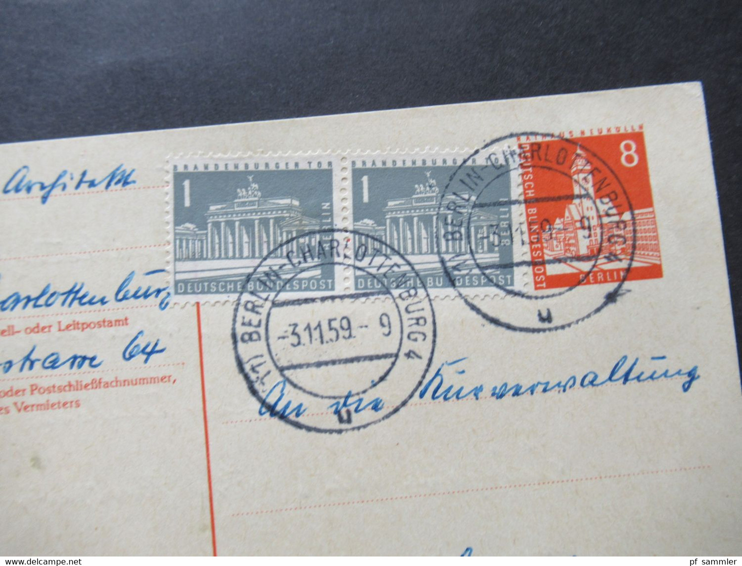 Berlin 3.11.1959 Ganzsache P 42 Mit 2x Zusatzfrankatur Im Fernverkehr Stempel Berlin - Charlottenburg 4 - Postkarten - Gebraucht