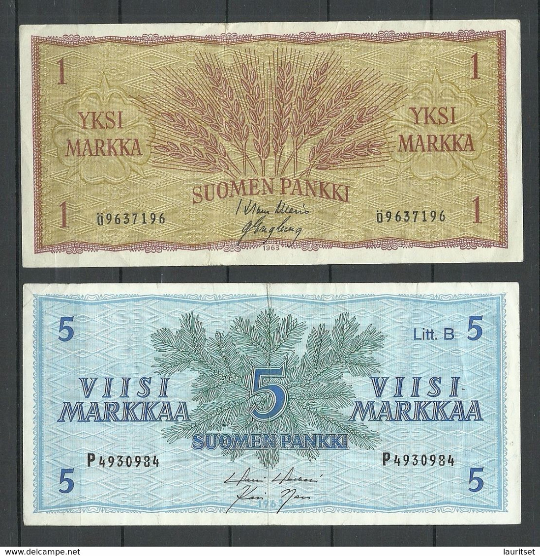 FINLAND FINNLAND 1963 - 1 & 5 Markkaa Bank Notes Banknoten - Finlande