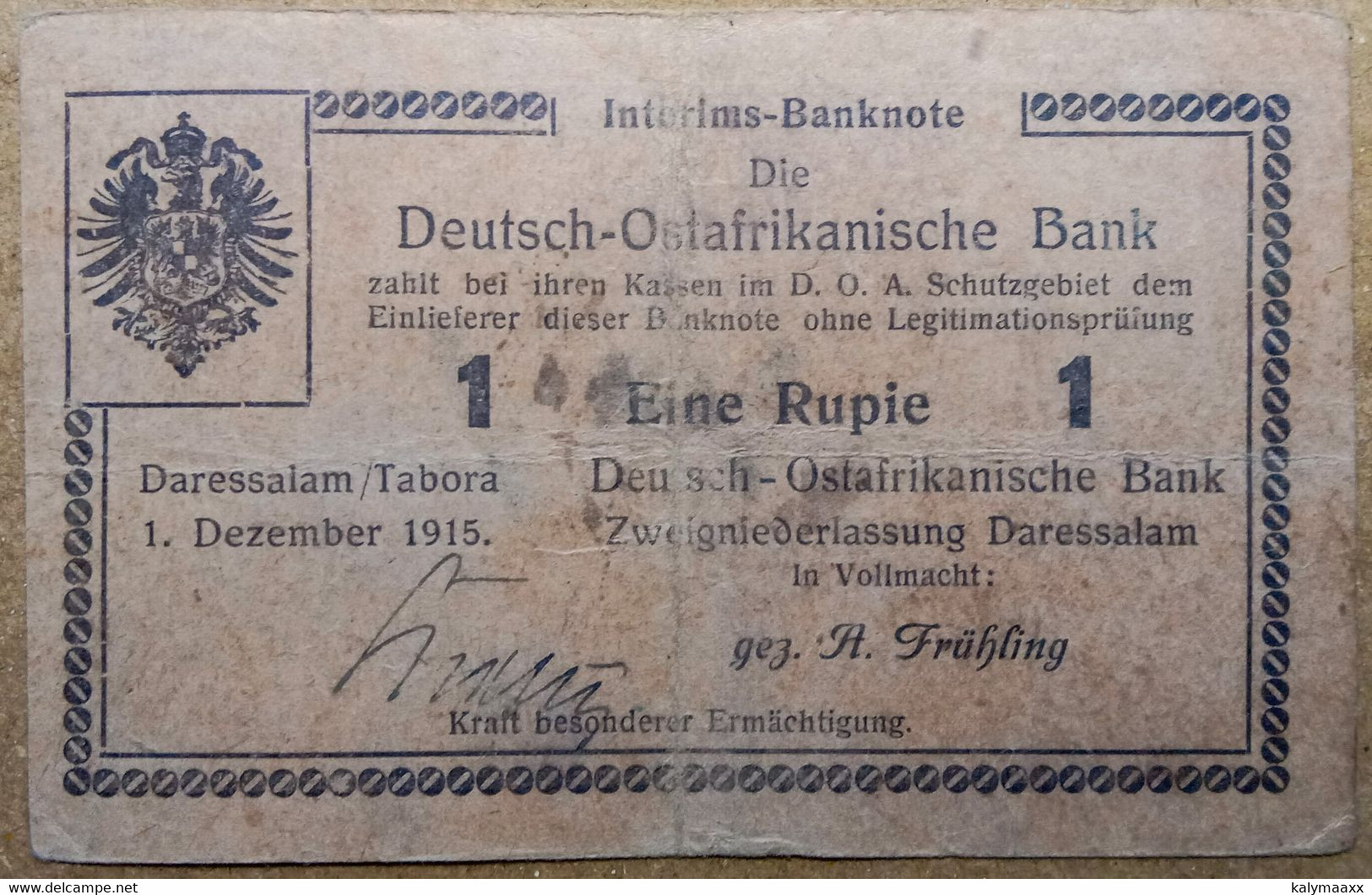 GERMAN EAST AFRICA 1915 1 RUPIE, EINE RUPIE, INTERIMS BANK NOTE, WW I....CIRCULATED & WITH FOLD MARK - Deutsch-Ostafrikanische Bank