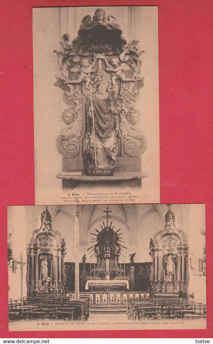 Roly - Intérieur De L'eglise + Statue St Ghislain - 2 Cartes Postales ( Voir Verso ) - Philippeville