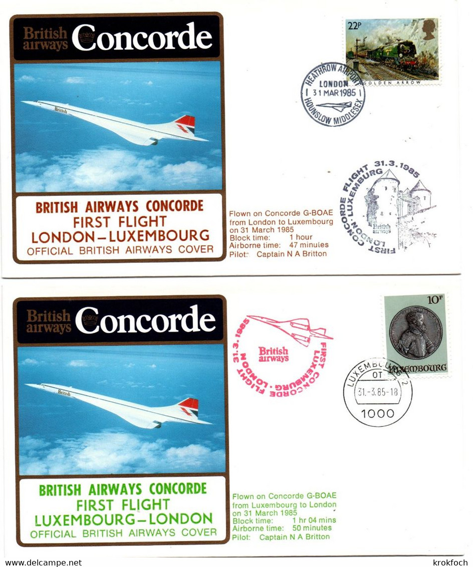 Concorde BA - London Luxembourg AR 1985 - First Flight 1er Vol Erstflug - Château - Covers & Documents