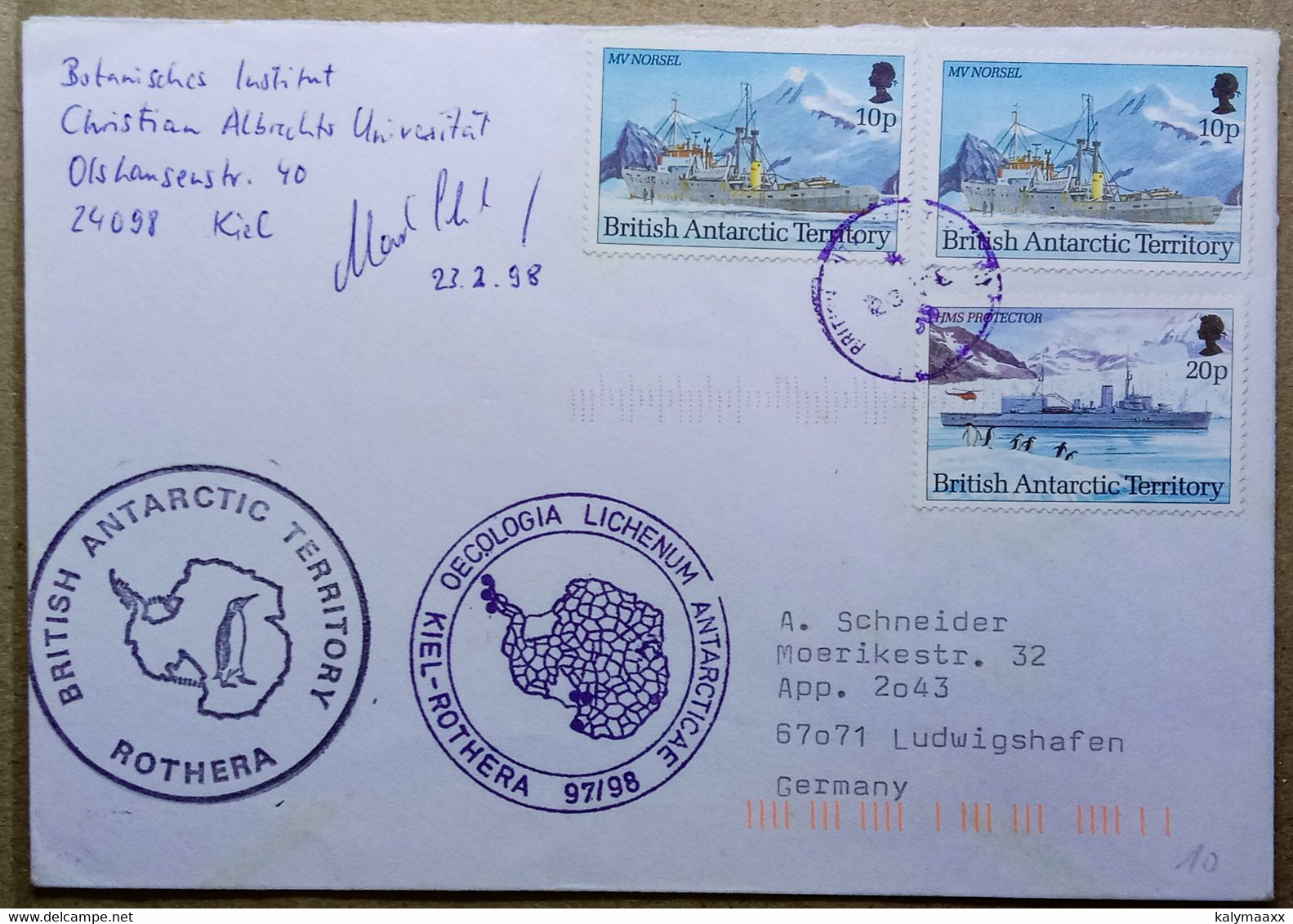 BRITISH ANTARCTIC TERRITORY 'ROTHERA' TO GERMANY 1998 COVER, SHIP, SCIENTIFIC RESEARCH, MAP, PENGUIN - Briefe U. Dokumente