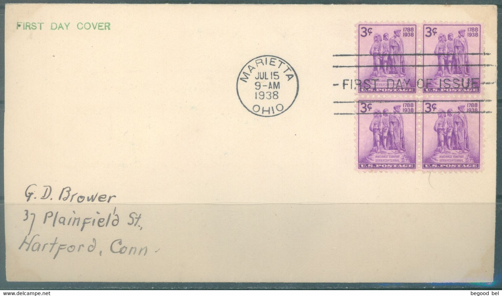 USA - 15.7.1938 - FDC - NORTHWEST TERRITORY -  Sc 837 - Lot 25255 BLOC OF 4 - 1851-1940