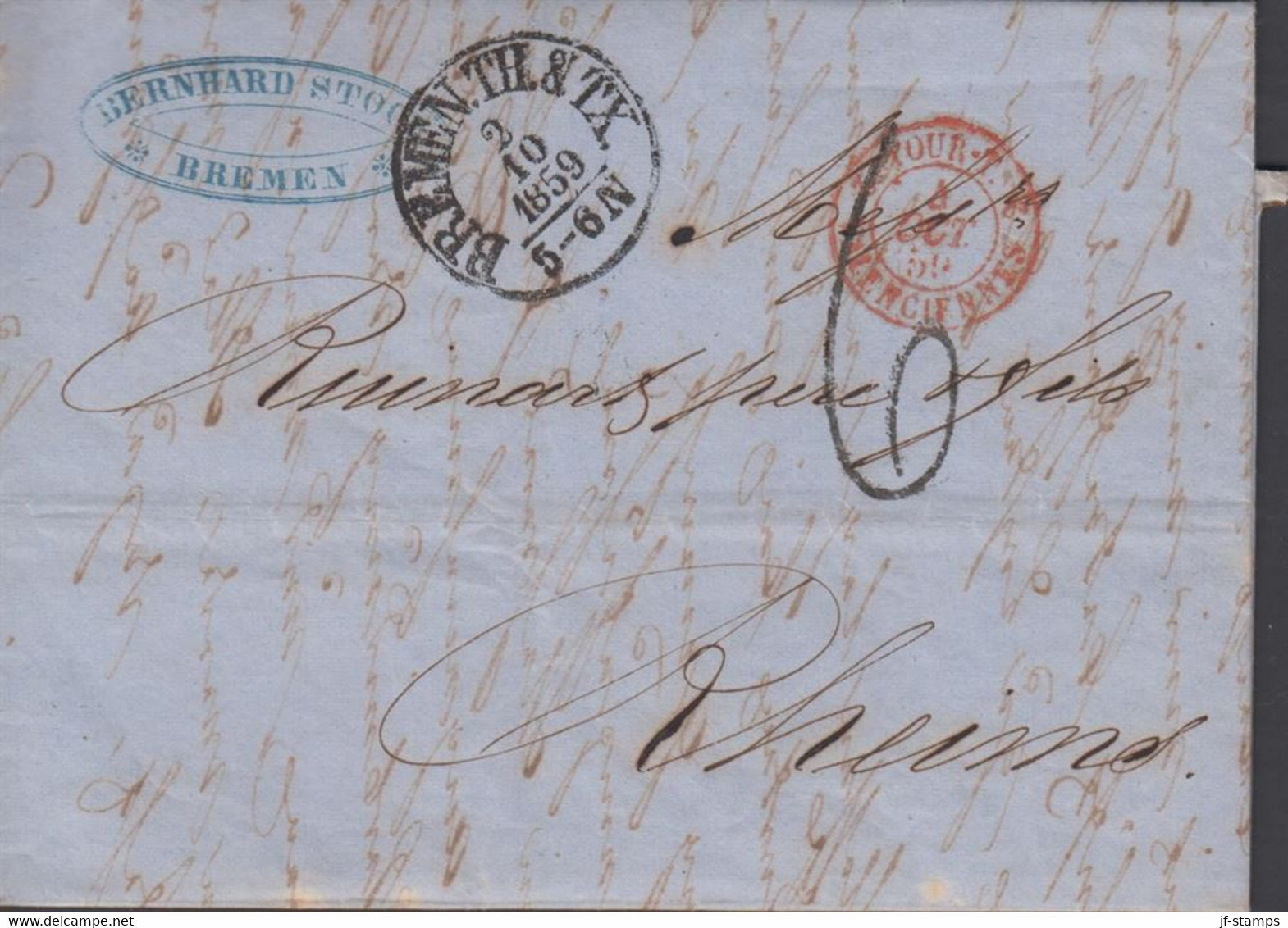 1859. BREMEN. Very Fine Early Cover To Rheims In France Cancelled BREMEN TH & TX 2 10 1859 + Brownred Fren... - JF432990 - Brême